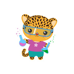 School student animal. Science school subject vector. Educational clipart. Little cheetah leopard jaguar holding test bottles chemical liquid.Teachers resources. Elementary student primary education. 