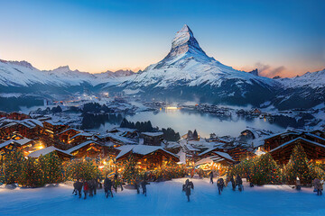 Weihnachtliche Winterlandschaft Matterhorn Schweiz Christmas Jahreszeit Weihnachsmarkt Advent Stimmung Digital  - obrazy, fototapety, plakaty