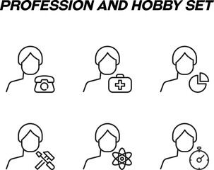 Monochrome signs in flat style for stores, shops, web sites. Editable stroke. Vector line icon set with symbols of cellphone, medical suitcase, pie chart, renovation, sport, compound by man