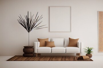 Living room interior wall mockup in minimalist Japandi style with caned chair, beige pillow and dried pampas grass in ceramic vase on empty warm white background. 3d rendering, 3d illustration.