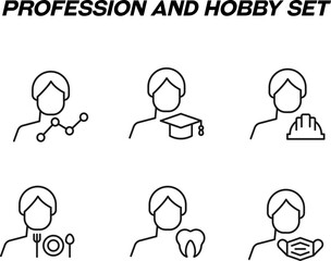 Monochrome signs in flat style for stores, shops, web sites. Editable stroke. Vector line icon set with symbols of progress line, academic cap, builder helmet, plate, tooth, mask by man © Dilia Almukhambetova