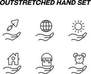 Monochrome signs in flat style for stores, shops, web sites. Editable stroke. Vector line icon set with symbols shovel, globe, sun, house, dye, alarm clock over hand