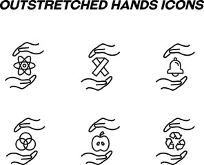 Fototapeta premium Monochrome signs in flat style for stores, shops, web sites. Editable stroke. Vector line icon set with symbols of compound, pink ribbon, bell, circles, apple, recycle in hands