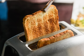 Toaster with toasted bread for breakfast inside. Close-up.