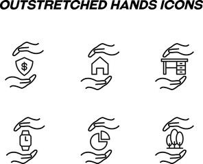 Monochrome signs in flat style for stores, shops, web sites. Editable stroke. Vector line icon set with symbols of dollar, house, table, watch, chart, trees between hands