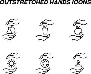 Monochrome signs in flat style for stores, shops, web sites. Editable stroke. Vector line icon set with symbols of lab bulbs, school supplies, apple, sun, earth, plant between hands