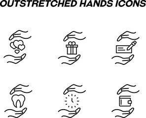 Monochrome signs in flat style for stores, shops, web sites. Editable stroke. Vector line icon set with symbols of heart, giftbox, business, tooth, wallet between hands
