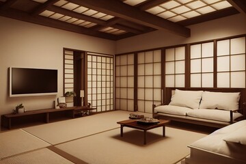 interior design,zen modern living room Japanese style.3D rendering