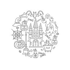 Halloween holiday elements collection. Vector, line illustration. Castle, pumpkins, cobwebs, ghosts.

