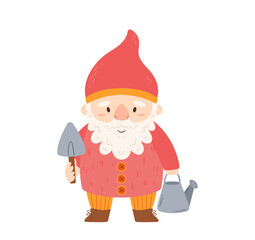 Garden Gnome With Watering Can and Spade in Hands Isolated on White Background. Cute Fairy Tale Character