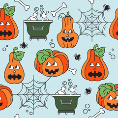 Seamless pattern Happy Halloween. Vector linear illustration. Coloring. Pumpkins and cobwebs with spiders.
