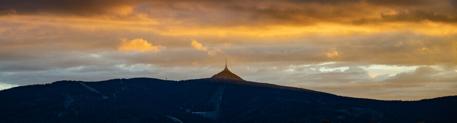 Fototapeta na wymiar Silhouette of Jested mountain at sunset time