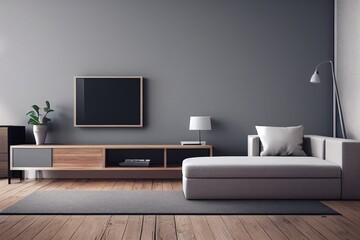 TV cabinet and display with on wood flooring and light gray wall, minimalist and vintage interior of living room, ,3d rendering