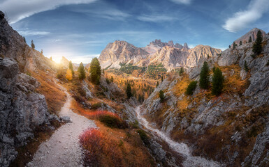Beautiful mountain path, rocks and stones, orange trees at sunset in autumn in Dolomites, Italy....