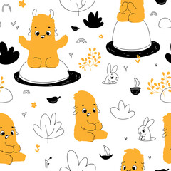 Seamless pattern with cute monsters, rabbits, puddles and boats. in hand drawn style. Seamless background for nursery decor, fabrics, children's textiles, wrapping paper. Vector Illustration