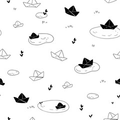 Seamless pattern with paper boats. in hand drawn style. Seamless background for nursery decor, fabrics, children's textiles, wrapping paper. Vector Illustration