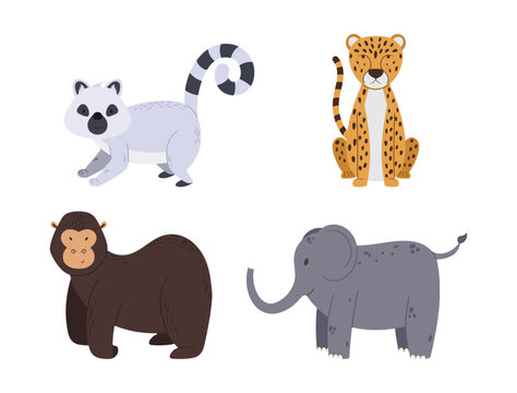 Set African Safari Animals Lemur, Cheetah, Gorilla and Elephant Design Elements for Kids Isolated on White Background