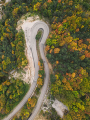 Aerial view of a winding road from a high mountain pass through a dense colorful autumn forest.