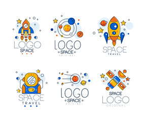 Space Logo with Astronaut, Rocket and Satellite with Planets Line Vector Set