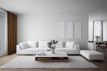Fototapeta na wymiar Modern cozy home interior mock up white living and dining room space, Cozy tea table and decor in white living room, 3d render