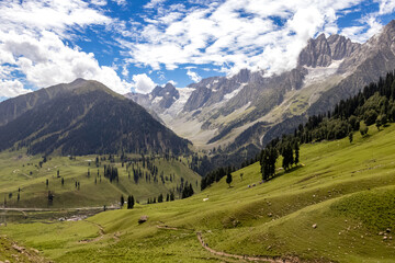 Fototapeta na wymiar Beautiful Kashmir Landscape. Lush green meadows and mountains of Kashmir