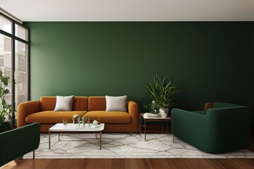 Luxury modern living room interior, dark green brown wall, modern sofa with armchair and plants, 3d render