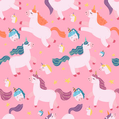 Seamless Pattern with Magic Unicorns, Cute Cartoon Pony Or Horse With Horn And Colorful Mane on Pink Background