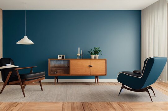 Modern mid century interior of living room ,leather armchair with wood cabinet on blue wall and wood floor ,3d render