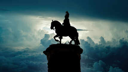 Silhouette of statue of King Jose statue in the Praca da Figueira square in Lisbon, Portugal