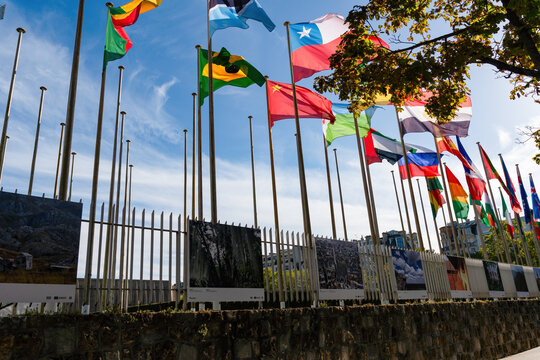 Paris, France - October 07 2022: Flags fluttering in the wind in front of the UNESCO (United Nations Educational, Scientific and Cultural Organization) headquarters at 7 place de Fontenoy in Paris.