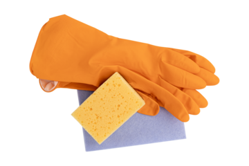 rubber glove, rags and sponge for dishwashing isolated on white background, cleaning service concept, top view, flat lay