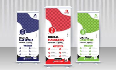 Creative modern trendy corporate marketing business standee x rollup pullup signage retractable banner design multiple red blue green color variant vector template