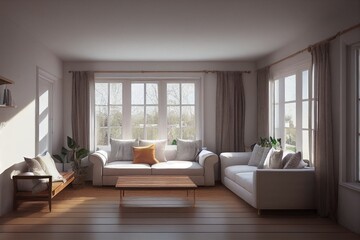 Cozy farmhouse living room interior, 3d render