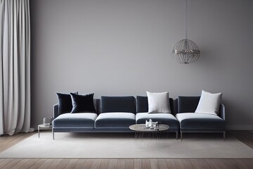 Interior wall mock up with velvet sofa, pillows, plaid and lanterns on empty white background. 3D rendering.