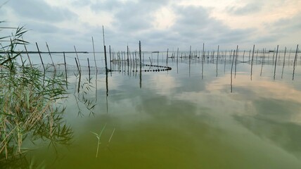 fotografia del lago de la albufera de valencia con vistas de las artes de pesca tradicionales  - obrazy, fototapety, plakaty
