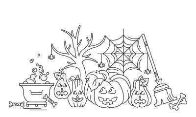 Happy halloween banner. Vector linear background. Pumpkins, cobwebs, broom.
