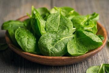 Young spinach in a wooden plate