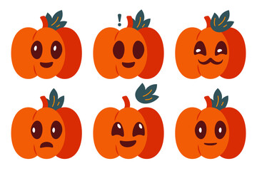 Funny pumpkin with emotions. Collection of Halloween stickers for chats. Vector illustration
