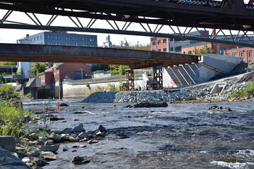 SHERBROOKE, QUEBEC, CANADA - September 17, 2022 Bridge construction over Magog river. Pont des Grandes Fourches.
