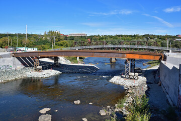 SHERBROOKE, QUEBEC, CANADA - September 17, 2022 Bridge construction over Magog river. Pont des Grandes Fourches