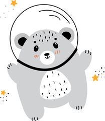 polar cartoon, Astronaut bear, bear flying in space, children's illustrations on the space theme, spaceships, aliens, comet, planet, asteroid, space, 