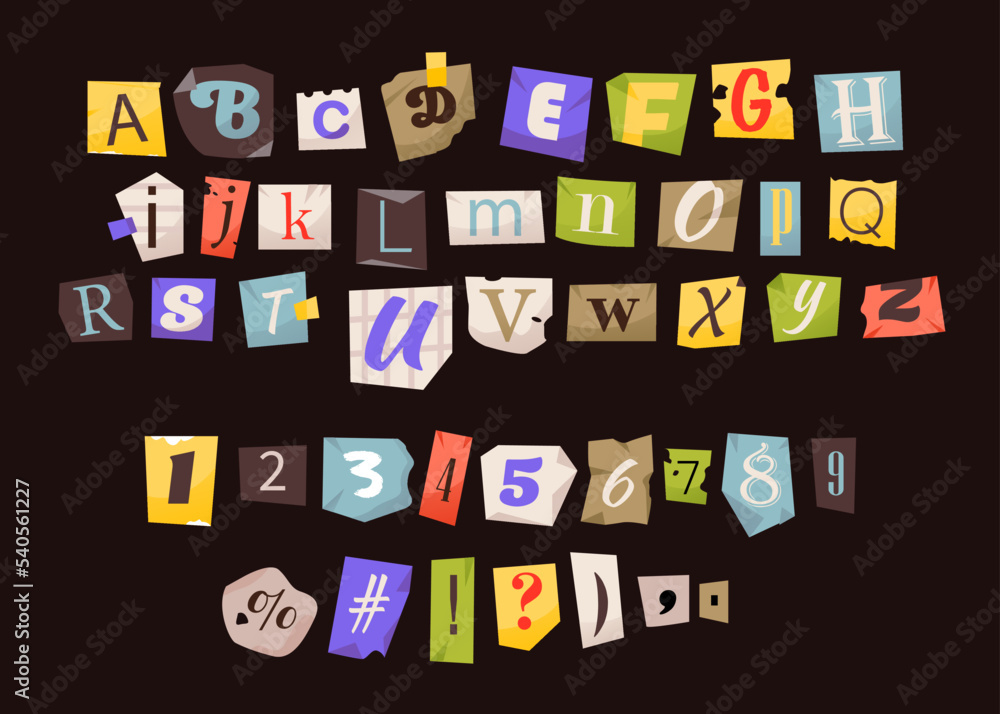 Fototapete clipping alphabet and numbers. anonymous letters cut from magazines. cut letters. vector font