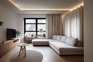 modern interior design of the living area in the studio apartment in warm soft colors. decorative built in lighting and soft beige furniture