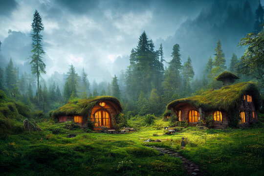 Hobbit house in new zealand, town, village, illustration