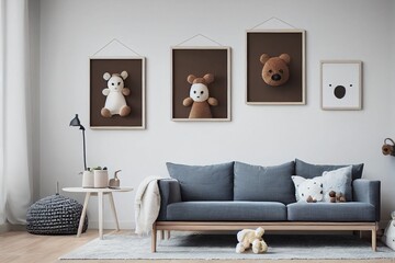 Stylish scandinavian kid room interior with toys, teddy bear, plush animal toys, rattan sofa, furniture, decoration and child accessories. Brown wooden mock up poster frames on the wall. Template