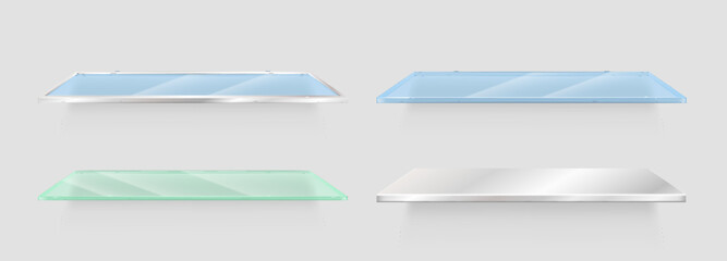 Empty glass shelves from transparent blue glass and white acrylic isolated with shadow
