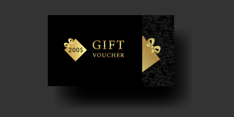 Obraz premium Creative black gift voucher with grunge background. Golden text, gift boxes. Luxury vector illustration for coupon, discount, card template.