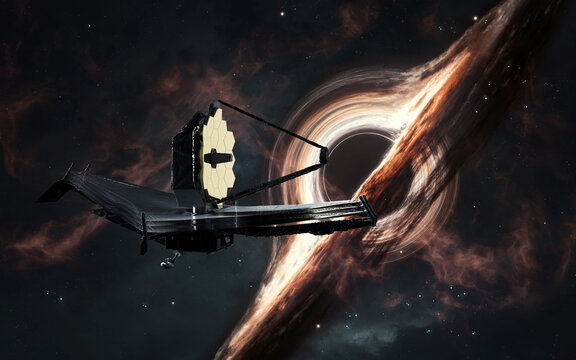 James Webb telescope and black hole. JWST launch art. Elements of image provided by Nasa