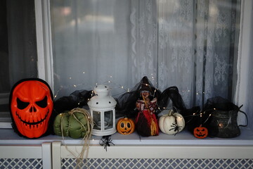 interior halloween decoration by the window - 540563039