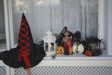interior halloween decoration by the window - 540563226
